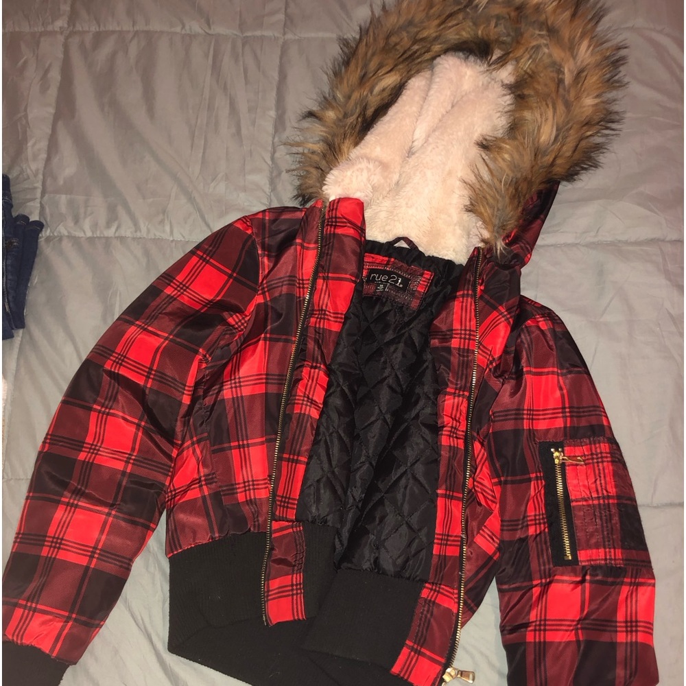 rue21 plaid coat with furry hood